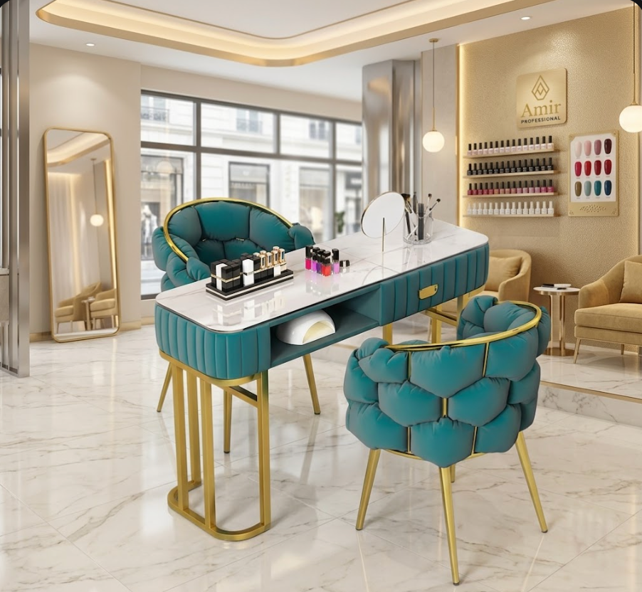 Mesa de Manicura Profesional de Lujo – Estilo Nórdico, Terciopelo Verde y Mármol con Detalles Dorados