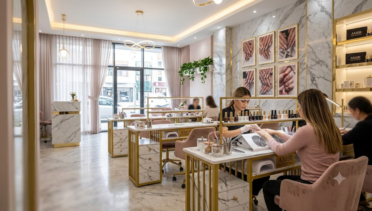 Luxury Nail Salon Table - White Marble Effect with Gold Frame and Three Drawers