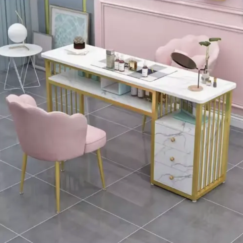 Mesa de Lujo para Salones de Uñas - Blanco Efecto Mármol con Marco Dorado y Tres Cajones