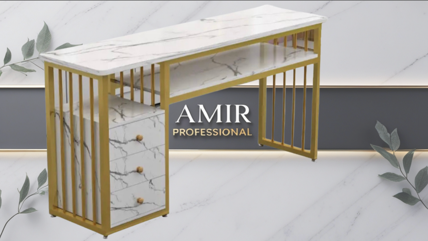 Mesa de Lujo para Salones de Uñas - Blanco Efecto Mármol con Marco Dorado y Tres Cajones