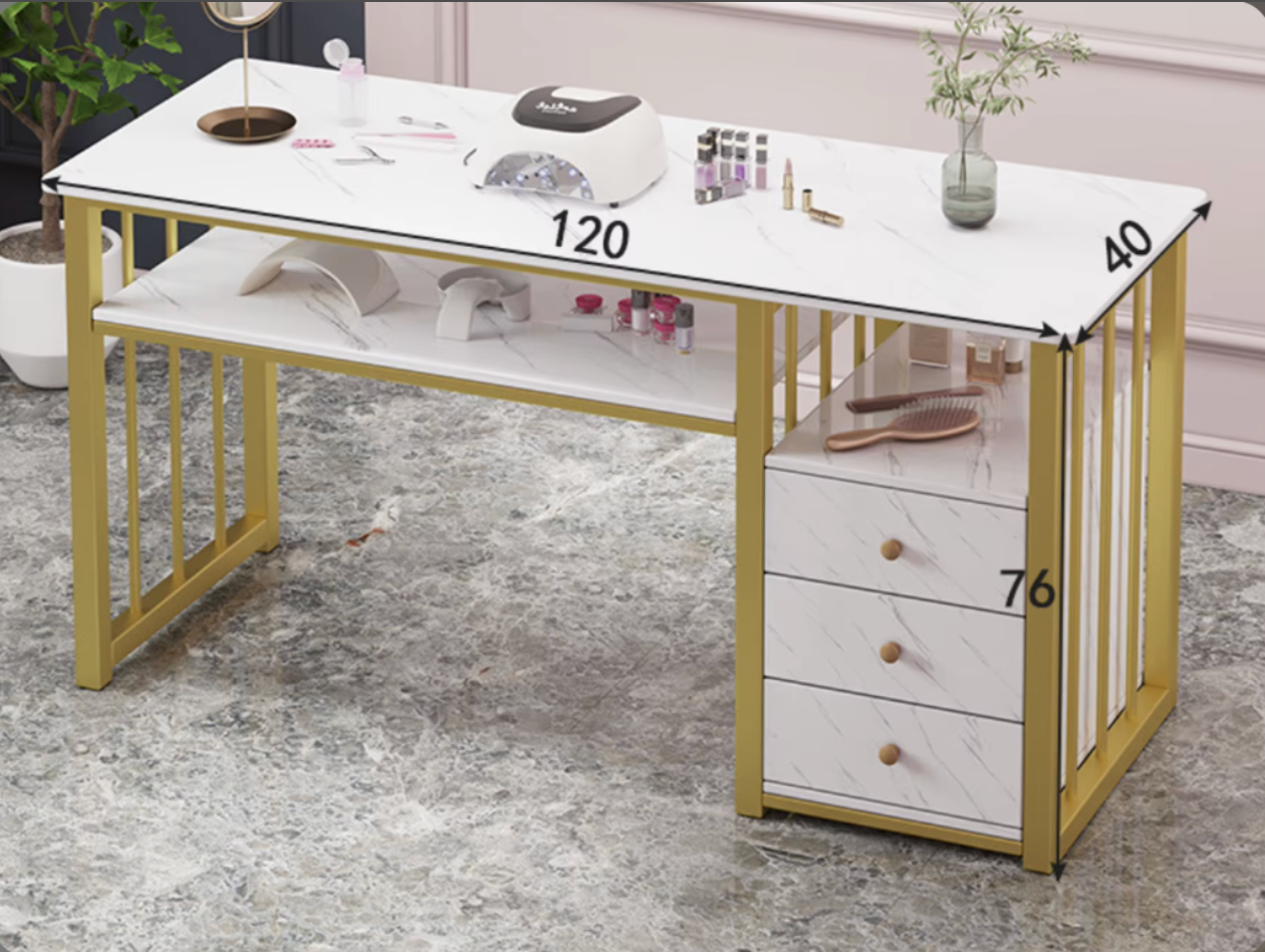 Mesa de Lujo para Salones de Uñas - Blanco Efecto Mármol con Marco Dorado y Tres Cajones