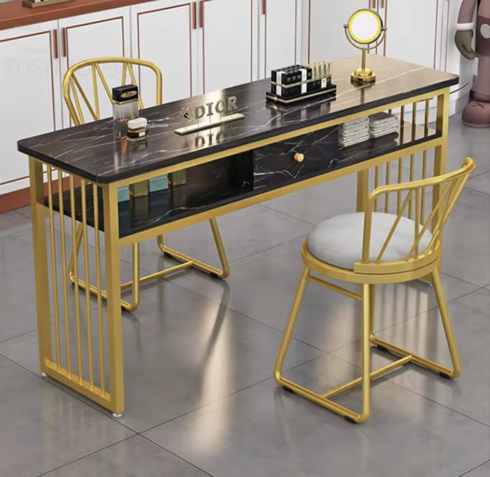 Mesa Profesional de Lujo para Manicura con Marco Dorado - Ideal para salones de uñas y estéticas