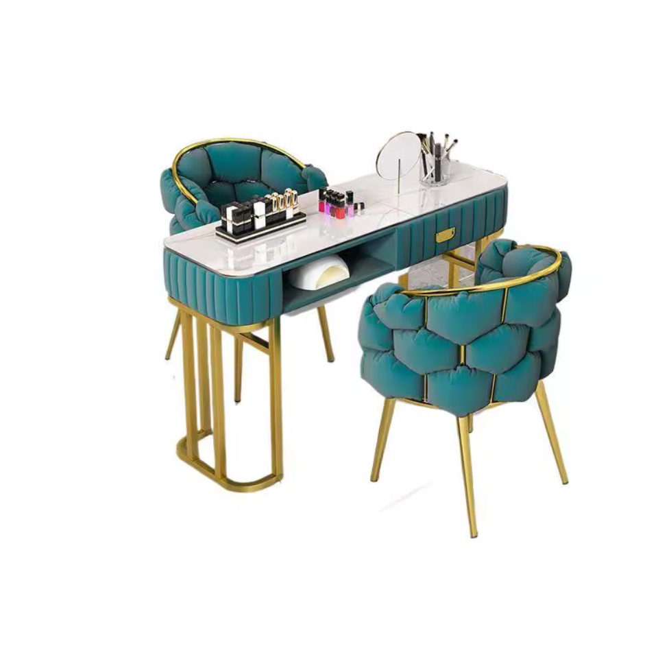 Mesa de Manicura Profesional de Lujo – Estilo Nórdico, Terciopelo Verde y Mármol con Detalles Dorados