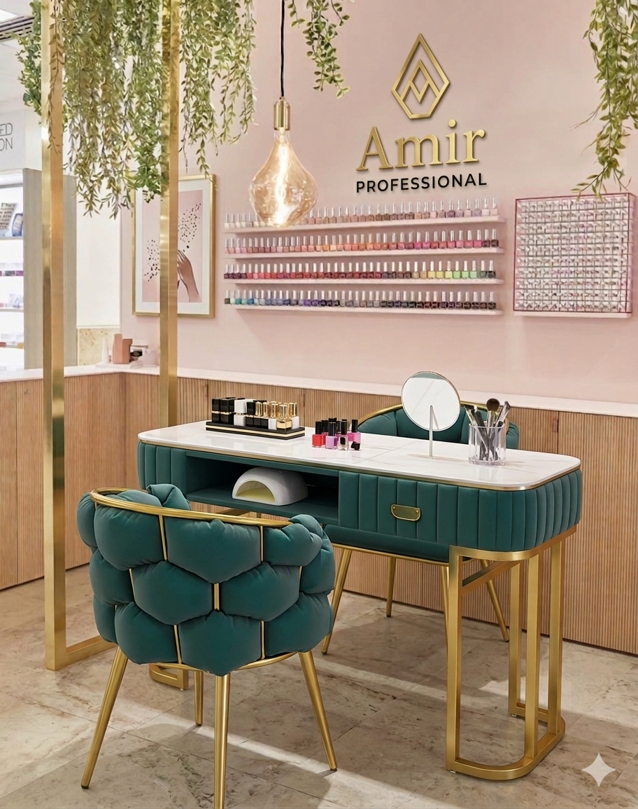 Mesa de Manicura Profesional de Lujo – Estilo Nórdico, Terciopelo Verde y Mármol con Detalles Dorados